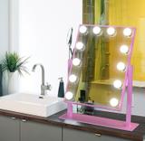 Espelho de Mesa Profissional Hollywood DC117 C/12 Led Bulbo e Relógio Rosa Gbmax