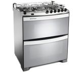 Fogão Brastemp 5 bocas duplo forno cor Inox com acendimento automático e mesa flat top