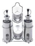 Galheteiro De Vidro 4 Peças Aço Inox Vinagre Azeite Sal e pimenta - Click urbano