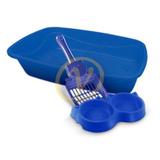Gato Kit Azul 3 Em 1 Com Bandeja Pá E Comedouro Duplo - Pet injet