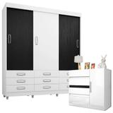 Guarda Roupa Casal 3900 e Cômoda 8000 Branco Preto Flex - Araplac