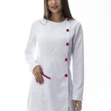 Jaleco Modelo Diferente Aldora Branco e Rosa FAÍKO Jalecos