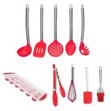 Jogo 10 Colheres Utensílios Silicone Vermelho Cabo Inox - Clink