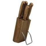 Jogo 5 Facas De Cozinha Inox Cepo Madeira Faqueiro Dinasty