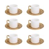 Jogo 6 xícaras 80ml para café de porcelana branca e dourada com pires Vera Wolff - 17451