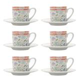 Jogo 6 xícaras 90ml para café de porcelana com pires Leaves Flowers Bon Gourmet - 17330