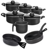Jogo caçarola antiaderente preta ,frigideira ,canecão, forma de bolo brinde espatula colher nylon - Casa útil