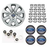 Jogo Calota Aro 14 Ford Ka 2015 2016 Hatch Sedan Grid Prata + Emblema Resinado + Tampa Ventil + Capa Parafuso - Grid calotas