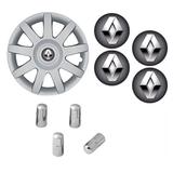 Jogo Calota Aro 14 Sandero Logan Clio 2009 2011 Renault Grid Prata + Emblema Resinado + Tampa Ventil Cromada - Grid calotas