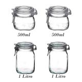 Jogo com 4 Potes de vidro hermético com tampa Fido Rocco Bormioli - 2 500ml + 2 1000ml (1 Litro) para armazenamento
