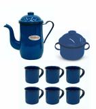 Jogo conjunto esmaltado azul bule 1,25l + 6 canecas 70ml + açucareiro - metallouça