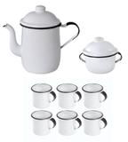 Jogo conjunto esmaltado branco leiteira 1l + 6 canecas 150ml + açucareiro - metallouça