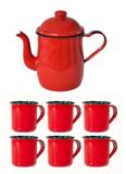 Jogo conjunto esmaltado vermelho leiteira 1l + 6 canecas 150ml - metallouça