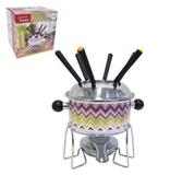 Jogo De Fondue De Inox Decorado Com 6 Garfos Panela Suporte Fogareiro 1,1L - Imporiente