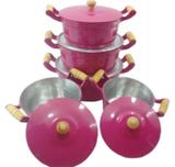 Jogo De Panelas Em Aluminio Fundido Batido Com Anel Na Borda Cor Rosa 5 Peças - Panelasbrasil