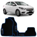 Jogo de Tapetes Borracha PVC Chevrolet Onix 2013 a 2019 Preto Borda Azul Emblema Grafia Bordado - Top gear