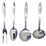 Jogo de Utensílios em Talheres Aço Inox Forte 4 Peças Garfo Escumadeira Colher e Concha - Univendas
