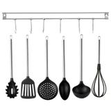 Jogo de Utensílios Nylon Preto com Cabo Inox 6 Peças e Suporte Inox para Parede - Yazi