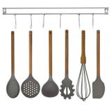 Jogo de Utensílios Silicone Cinza com Cabo Madeira Acácia 6 Peças e Suporte Inox para Parede - Yazi