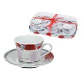 Jogo Xícara e Pires Café 12 Peças Carmim de Porcelana 60ml - Dm brasil