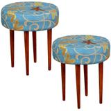 Kit 02 Puffs Banqueta Alta Tecido Floral Azul Pés Palito - Lymdecor