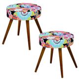 Kit 02 Puffs Banqueta Alta Tecido Floral Preto Pés Palito - Lymdecor