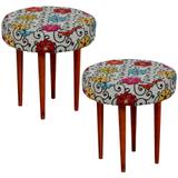 Kit 02 Puffs Banqueta Alta Tecido Linho Floral Pés Palito - Lymdecor