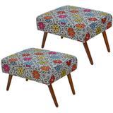 Kit 02 Puffs Charme Retangular Linho Floral Pés Palito - Lyam Decor
