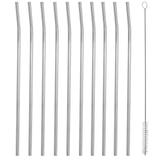 Kit 10 Canudos Inox Sustentável Curvado 6,3mm 23cm Escovinha - Zanline