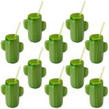 Kit 10 Copos Formato Cacto 500 Ml com Canudo Verde Injetemp