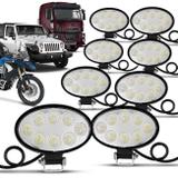 Kit 10 Faróis Milha Oval 8 LEDs 24W 12V/24V Universal Carro Moto Caminhão Jeep Off-Road - Kit prime