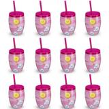 Kit 12 Copos Ilustracao Nuvem com Canudo 650 Ml Rosa Injetemp