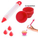 Kit 12 Forminha Silicone + Bisnaga Caneta para Decoracao Bolos e Cupcakes Opentrade