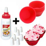 Kit 12 Forminhas de Silicone Vermelhas Cupcake + Decorador com 8 Bicos injetemp