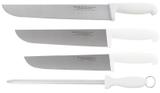 Kit 3 Facas Açougueiro Para Carne 8 10 e 12 Polegadas E Chaira Estriada 10 Polegadas Cabo Branco Em Inox Profissional Western FC81012CH10WESTERN