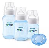 Kit 3 Mamadeiras Avent 125, 260 e 330ml Anticólica Classic+ Azul + Chupeta Azul - Philips avent