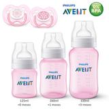 Kit 3 Mamadeiras Avent Classica Com Chupeta 0 A 6 Meses Rosa