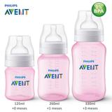 Kit 3 Mamadeiras Clássica Anticólica 125/260/330ml AVENT Rosa