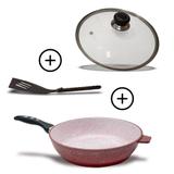Kit 3 peças Frigideira de cerâmica 24 cm + Tampa de Vidro + Espátula Vermelho Casa Dona