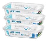 Kit 3 Vasilhas 380 Ml Pote Plástico Hermético Volare Retangular Tapoer Rischioto