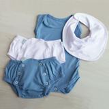 Kit 4 Peças com Body Regata Tapa Fraldas e Bandana Impermeável Bebê Malha Liso Branco e Azul Bebê - Mais que baby