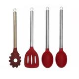 Kit 4 Utensílios Silicone Bordô Cabo Inox, Colher, Espátula - Yangzi