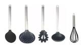 Kit 5 Colheres Utensílios Silicone Preto Cabo Inox - Jfz