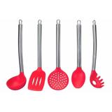 Kit 5 Colheres Utensílios Silicone Vermelho Cabo Inox - Jfz