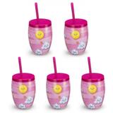 Kit 5 Copos Ilustracao Nuvem com Canudo 650 Ml Rosa Injetemp