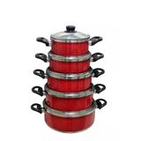Kit 5 Panelas Vermelho Aluminio Batido Grosso Com Tampas De Vidro Premium - Pluglar