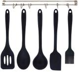 Kit 5 Utensílios em Silicone Preto c/ Suporte Inox para Parede - Mimo Style