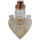 Kit 6 copos dose, coqueteleira vidro bandeja madeira Heart Urban