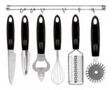 Kit 6 Utensílios Inox Preto Yangzi + Suporte Parede Mimo