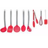 Kit 8 Colheres Utensílios Silicone Vermelho Cabo Inox - Clink